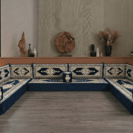 Arabic Floor Sofa Set – Dark Navy U Shaped Majlis Sectional with 8 Inch Cushions