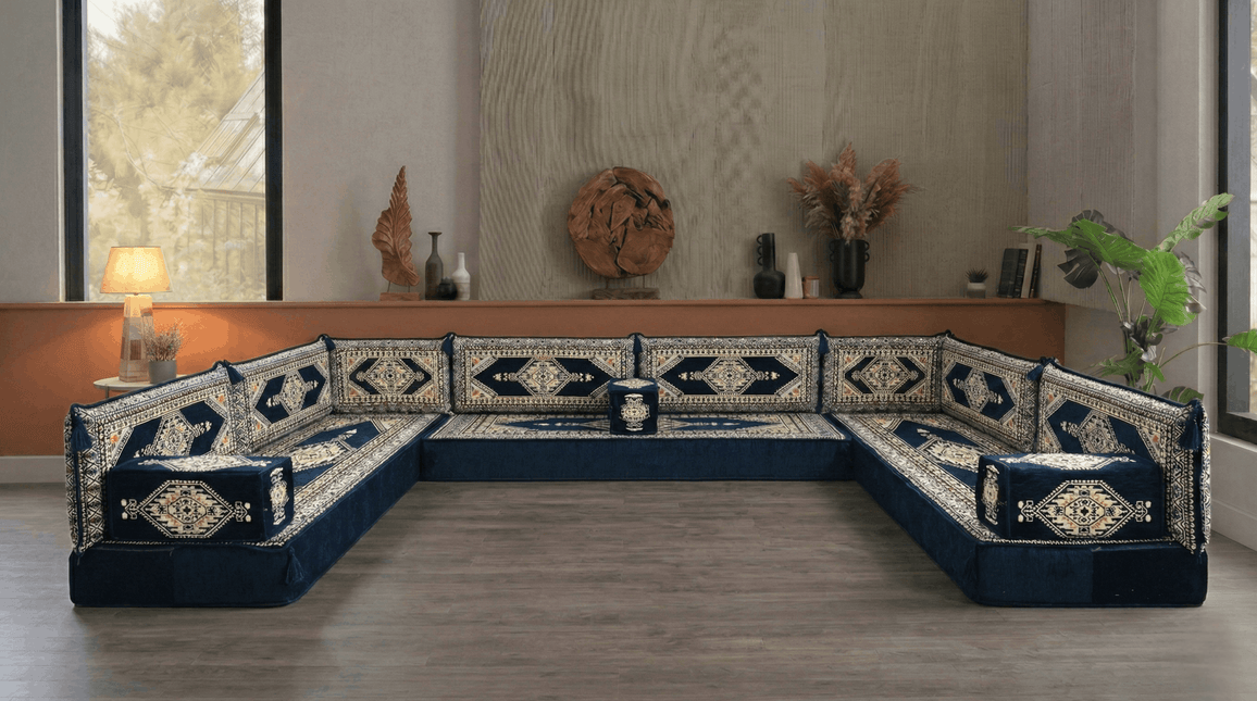 Arabic Floor Sofa Set – Dark Navy U Shaped Majlis Sectional with 8 Inch Cushions
