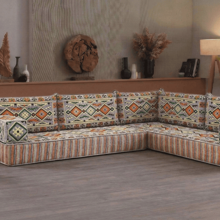 Arabic Floor Sofa Set – Gray L Shaped Majlis Sectional with 8 Inch Cushions