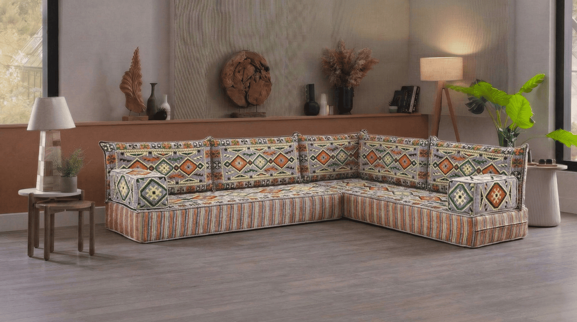 Arabic Floor Sofa Set – Gray L Shaped Majlis Sectional with 8 Inch Cushions