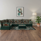 Arabic Floor Sofa Set – Green L Shaped Majlis Sectional with 8 Inch Cushions