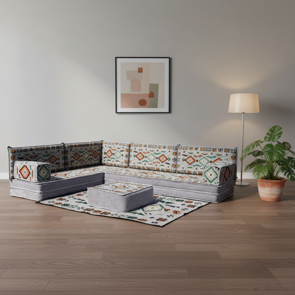Arabic Floor Sofa Set – Gray L Shaped Majlis Sectional with 8 Inch Cushions