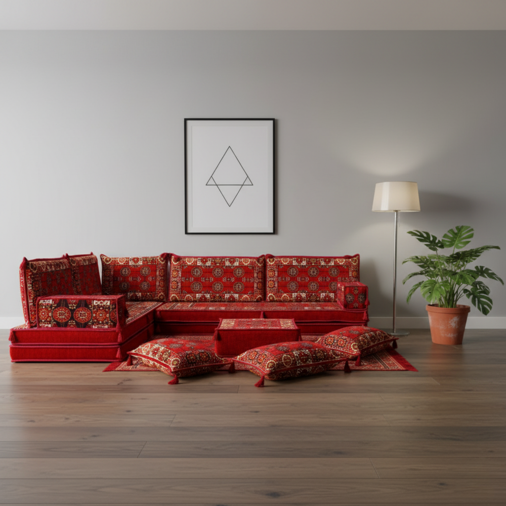 Arabic Floor Sofa Set – Red L Shaped Majlis Sectional with 8 Inch Cushions