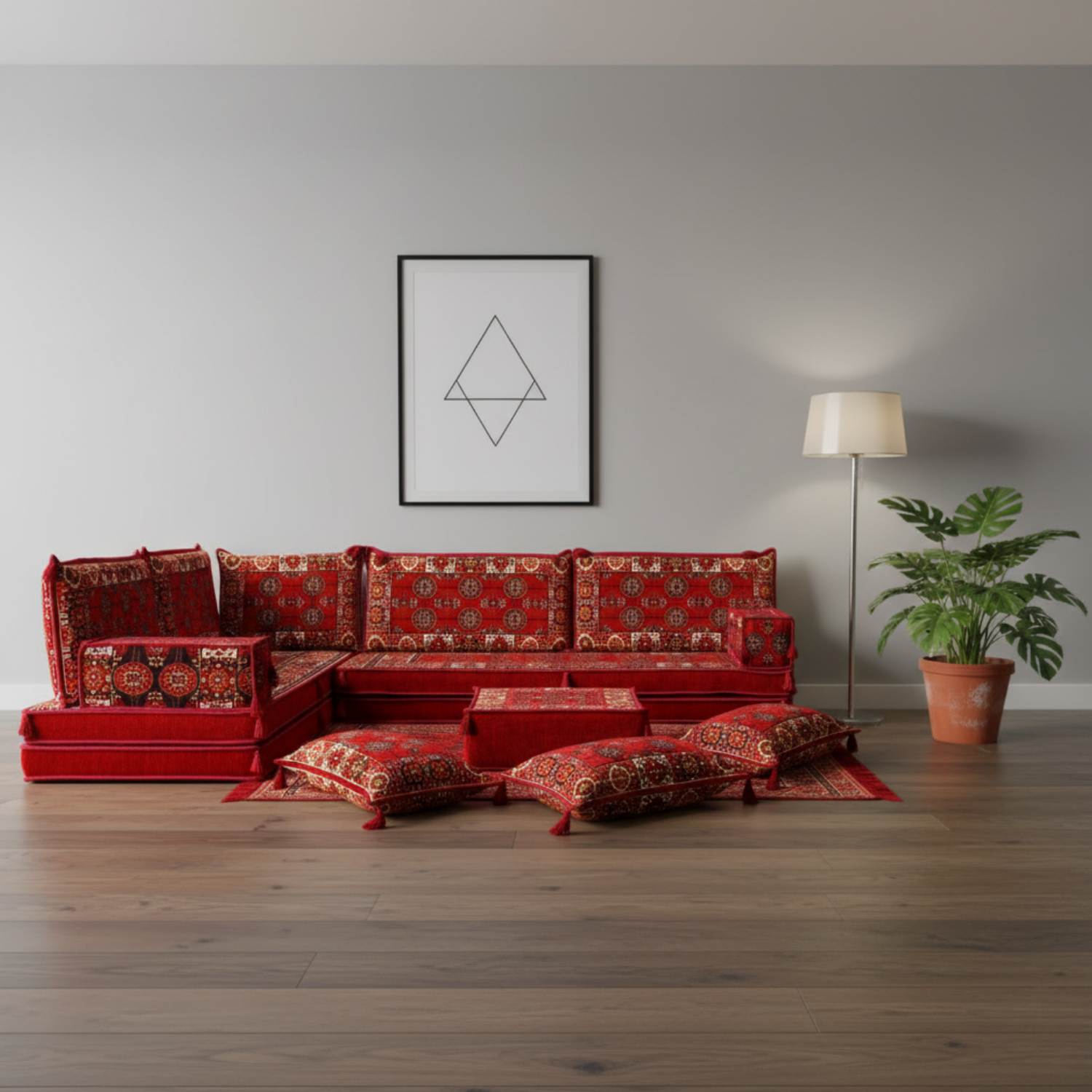 Arabic Floor Sofa Set – Red L Shaped Majlis Sectional with 8 Inch Cushions