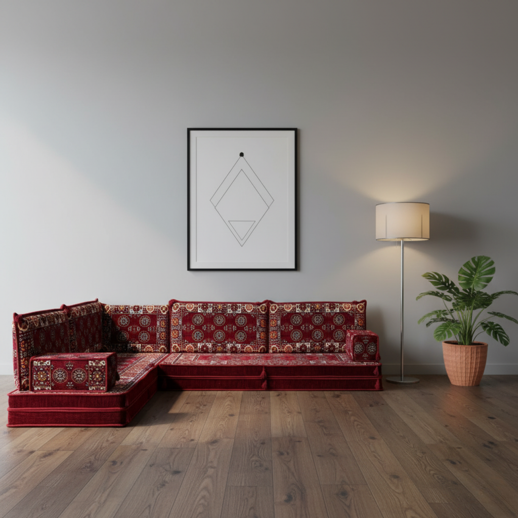 Arabic Floor Sofa Set – Maroon L Shaped Majlis Sectional with 8 Inch Cushions