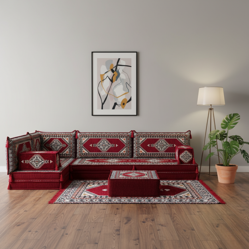 Arabic Floor Sofa Set – Maroon L Shaped Majlis Sectional with 8 Inch Cushions