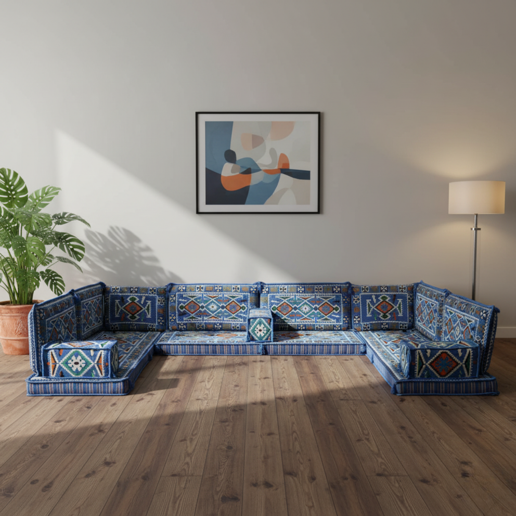 Arabic Floor Sofa Set – Navy Blue U Shaped Majlis Sectional with 4 Inch Cushions