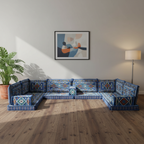 Arabic Floor Sofa Set – Navy Blue U Shaped Majlis Sectional with 4 Inch Cushions