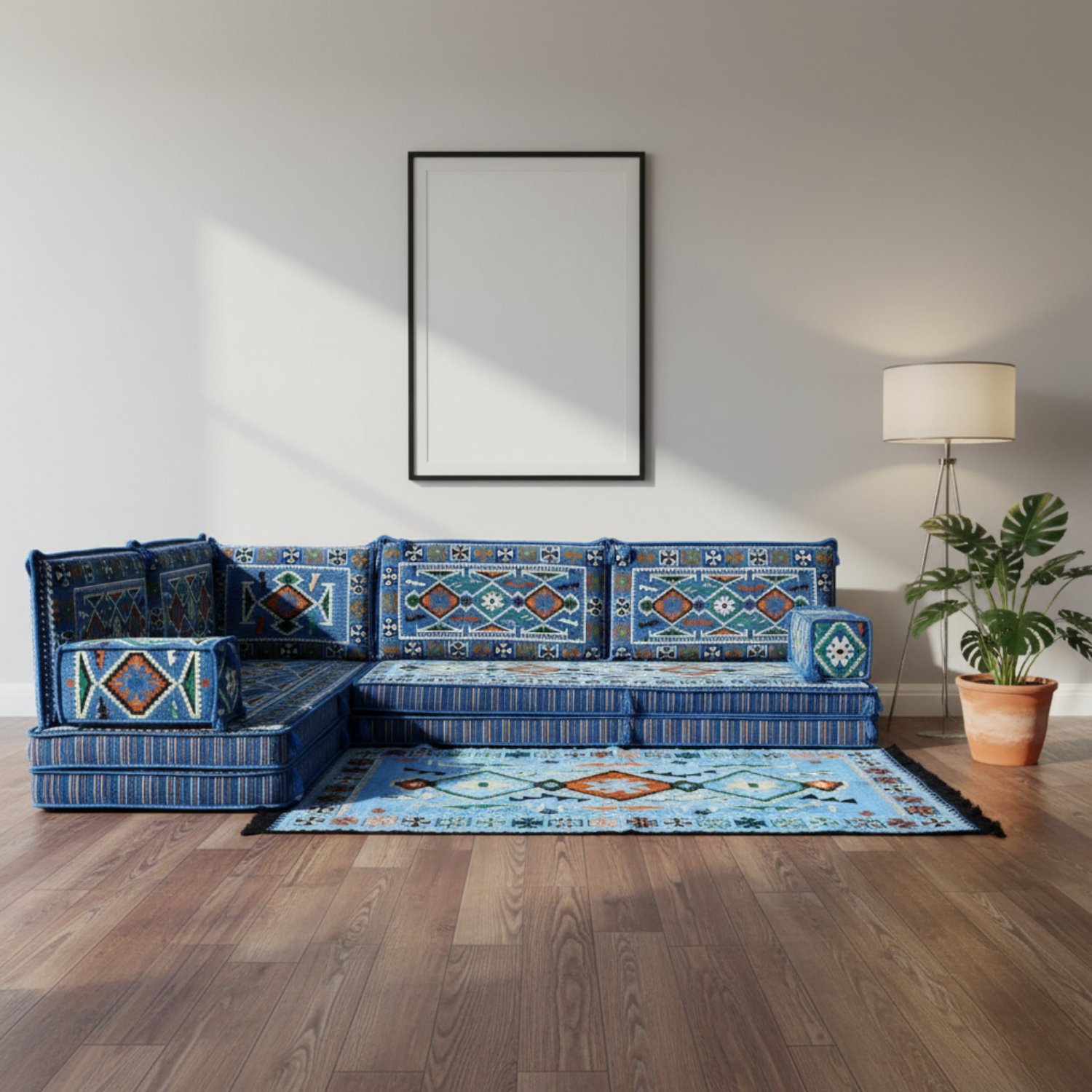Arabic Floor Sofa Set – Navy Blue L Shaped Majlis Sectional with 8 Inch Cushions