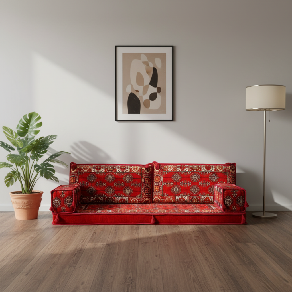 Arabic Loveseat Sofa – Red Loveseat with 4 and 8 Inch Cushion Options