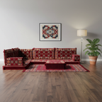 Arabic Floor Sofa Set – Maroon L Shaped Majlis Sectional with 4 Inch Cushions