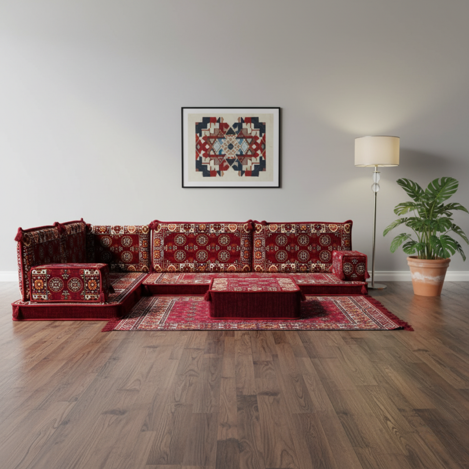 Arabic Floor Sofa Set – Maroon L Shaped Majlis Sectional with 4 Inch Cushions