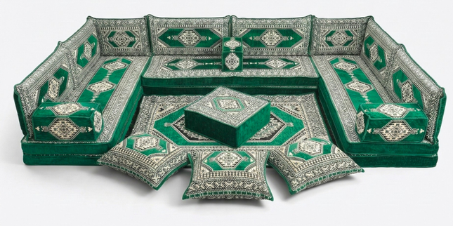 Arabic Floor Sofa Set – Green U Shaped Majlis Sectional with 8 Inch Cushions