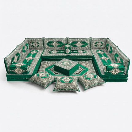 Arabic Floor Sofa Set – Green U Shaped Majlis Sectional with 8 Inch Cushions