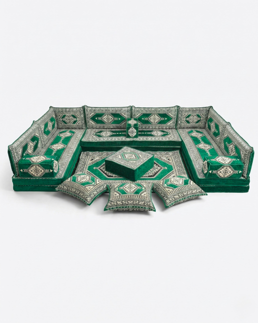 Arabic Floor Sofa Set – Green U Shaped Majlis Sectional with 8 Inch Cushions