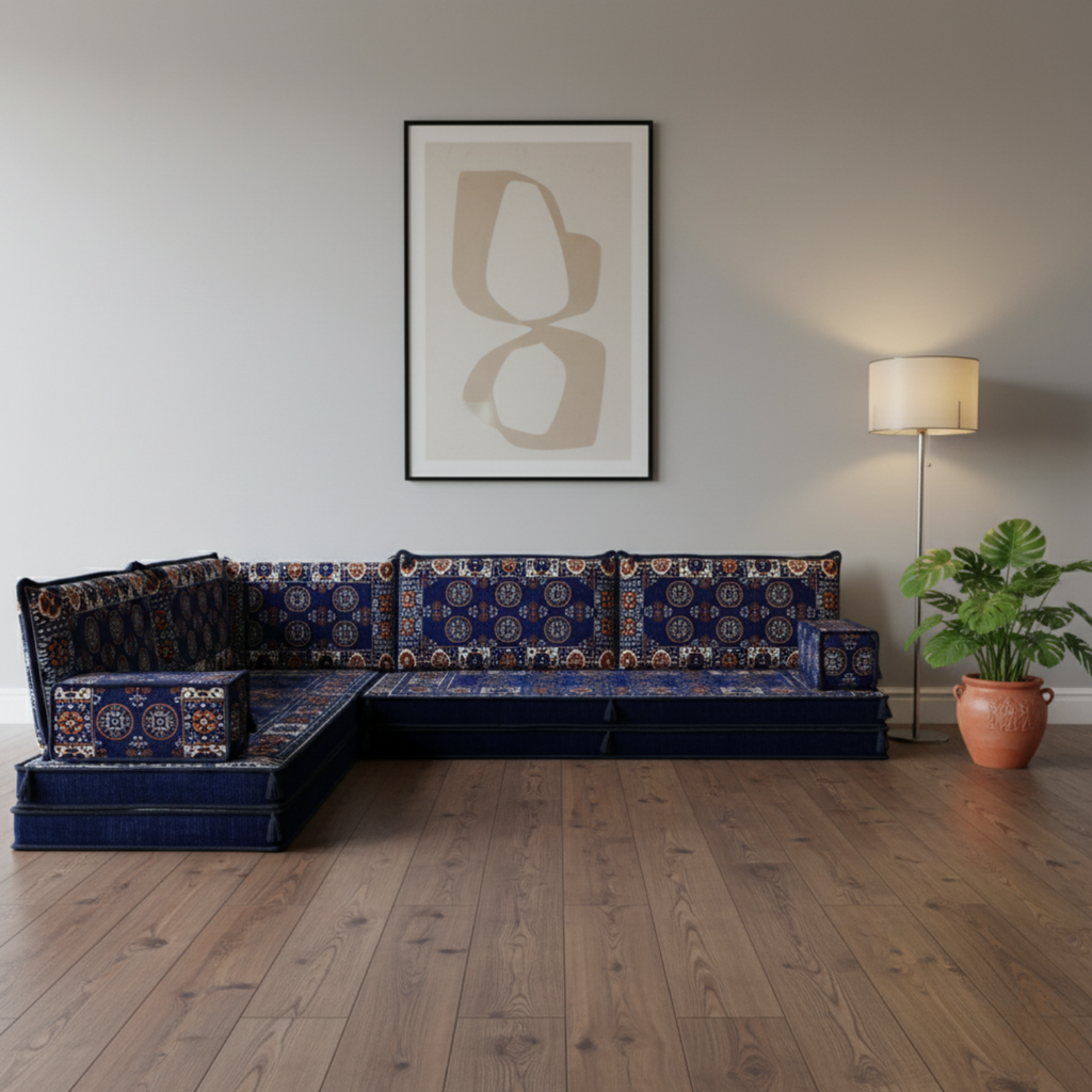 Arabic Floor Sofa Set – Navy L Shaped Majlis Sectional with 8 Inch Cushions