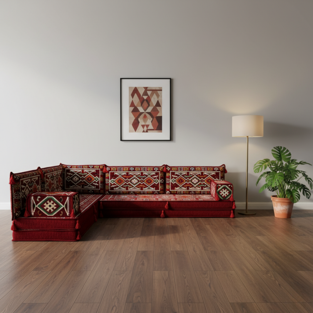 Arabic Floor Sofa Set – Maroon L Shaped Majlis Sectional with 8 Inch Cushions