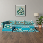 Arabic Floor Sofa Set – Turquoise L Shaped Majlis Sectional with 8 Inch Cushions