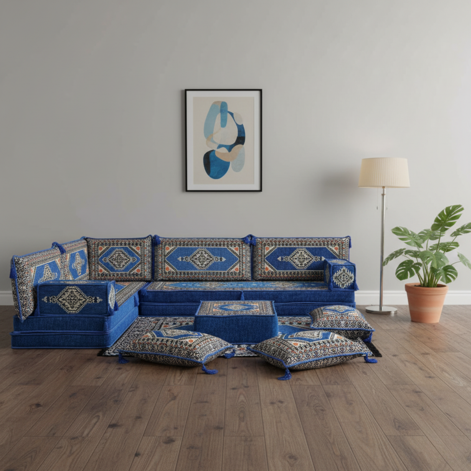 Arabic Floor Sofa Set – Blue L Shaped Majlis Sectional with 8 Inch Cushions
