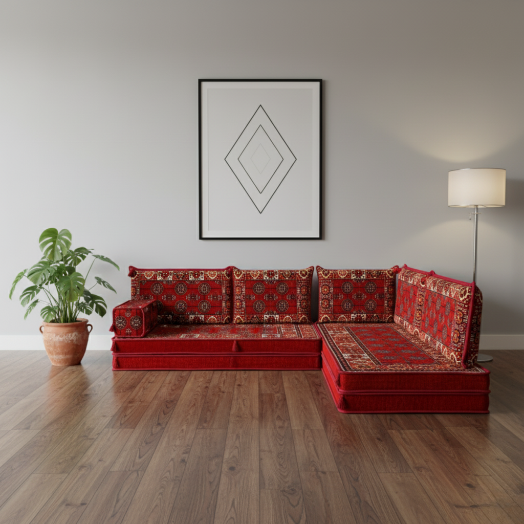 Arabic Floor Sofa Set – Red L Shaped Majlis Sectional with 8 Inch Cushions