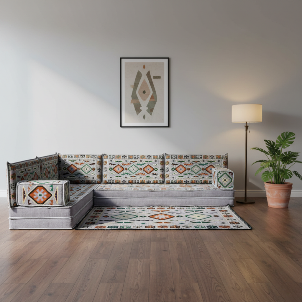 Arabic Floor Sofa Set – Gray L Shaped Majlis Sectional with 8 Inch Cushions