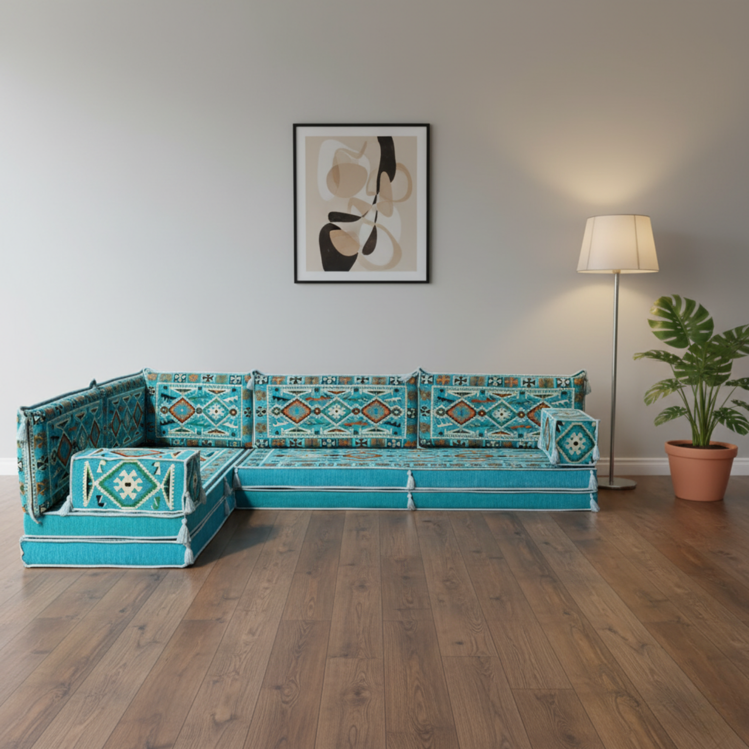 Arabic Floor Sofa Set – Turquoise L Shaped Majlis Sectional with 8 Inch Cushions
