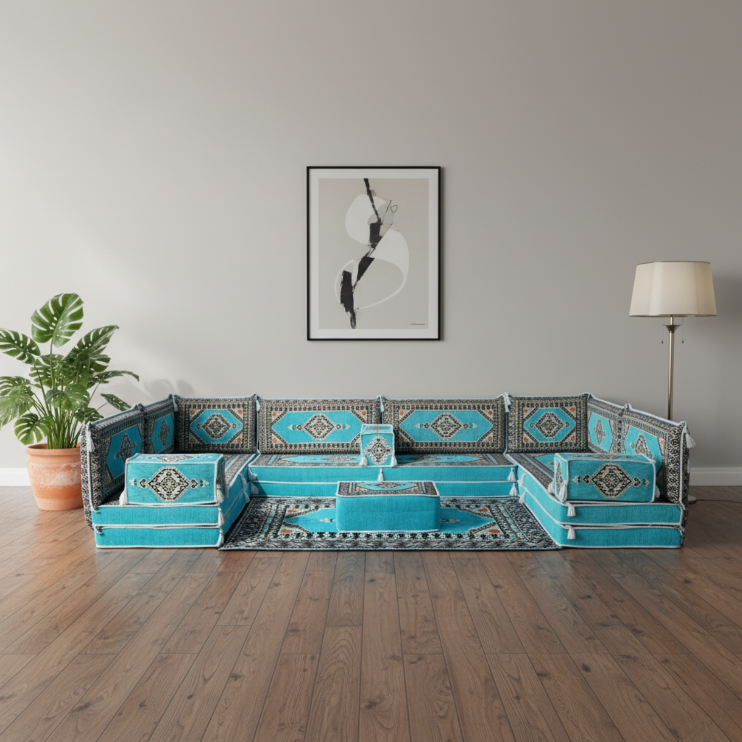 Arabic Floor Sofa Set – Turquoise U Shaped Majlis Sectional with 8 Inch Cushions