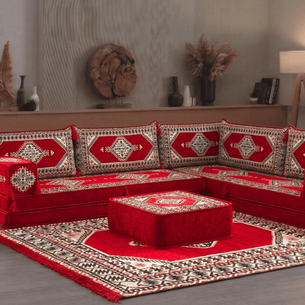 Arabic Floor Sofa Set – Red L Shaped Majlis Sectional with 8 Inch Cushions