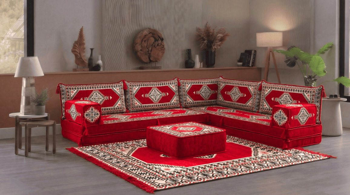 Arabic Floor Sofa Set – Red L Shaped Majlis Sectional with 8 Inch Cushions
