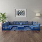 Arabic Floor Sofa Set – Blue U Shaped Majlis Sectional with 4 Inch Cushions