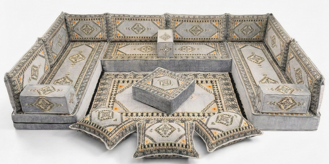 Arabic Floor Sofa Set – Gray U Shaped Majlis Sectional with 8 Inch Cushions