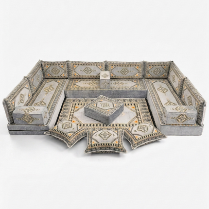 Arabic Floor Sofa Set – Gray U Shaped Majlis Sectional with 8 Inch Cushions