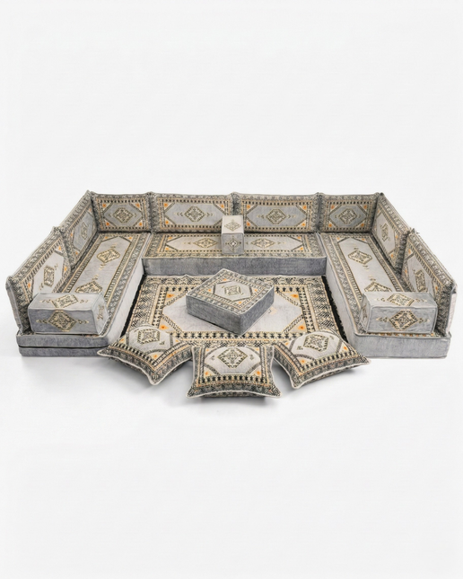 Arabic Floor Sofa Set – Gray U Shaped Majlis Sectional with 8 Inch Cushions