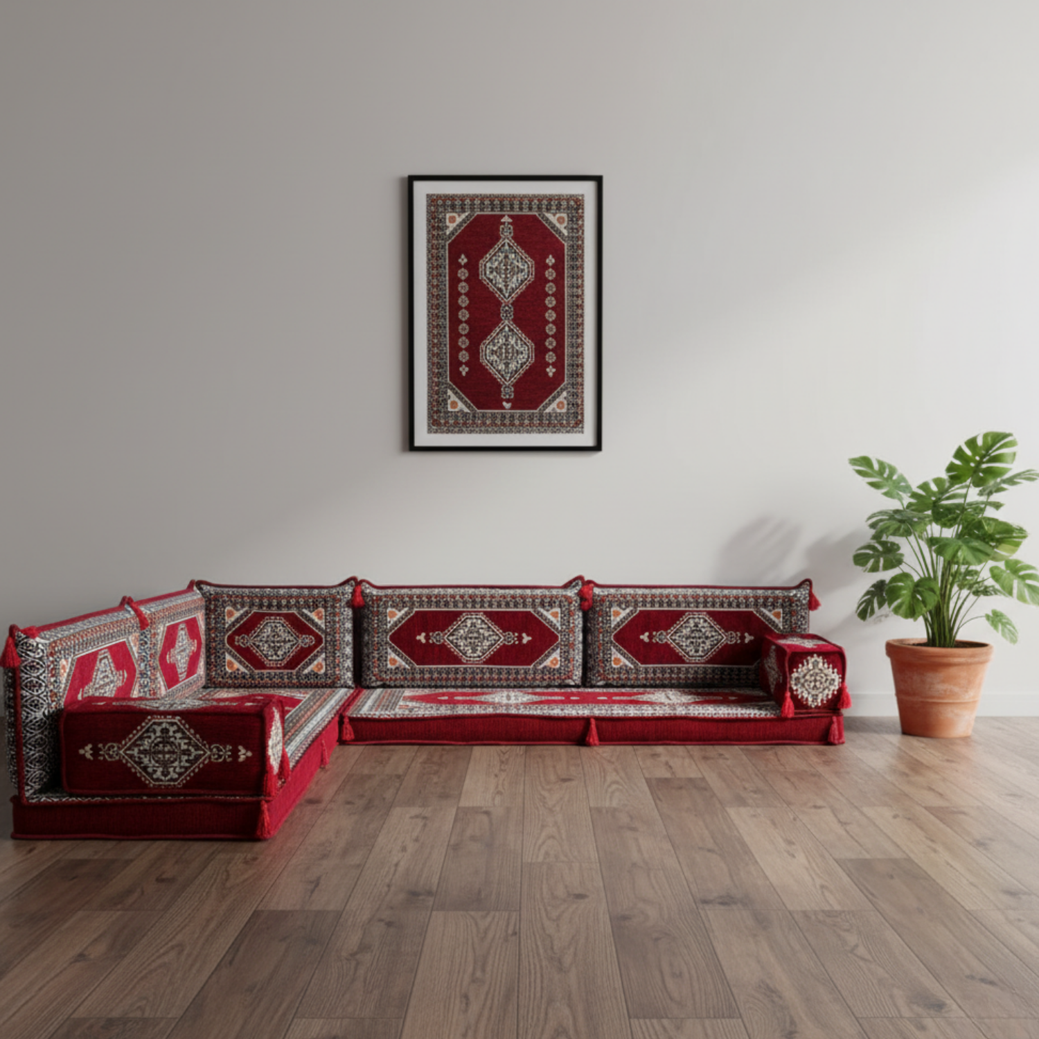 Arabic Floor Sofa Set – Red L Shaped Majlis Sectional with 4 Inch Cushions