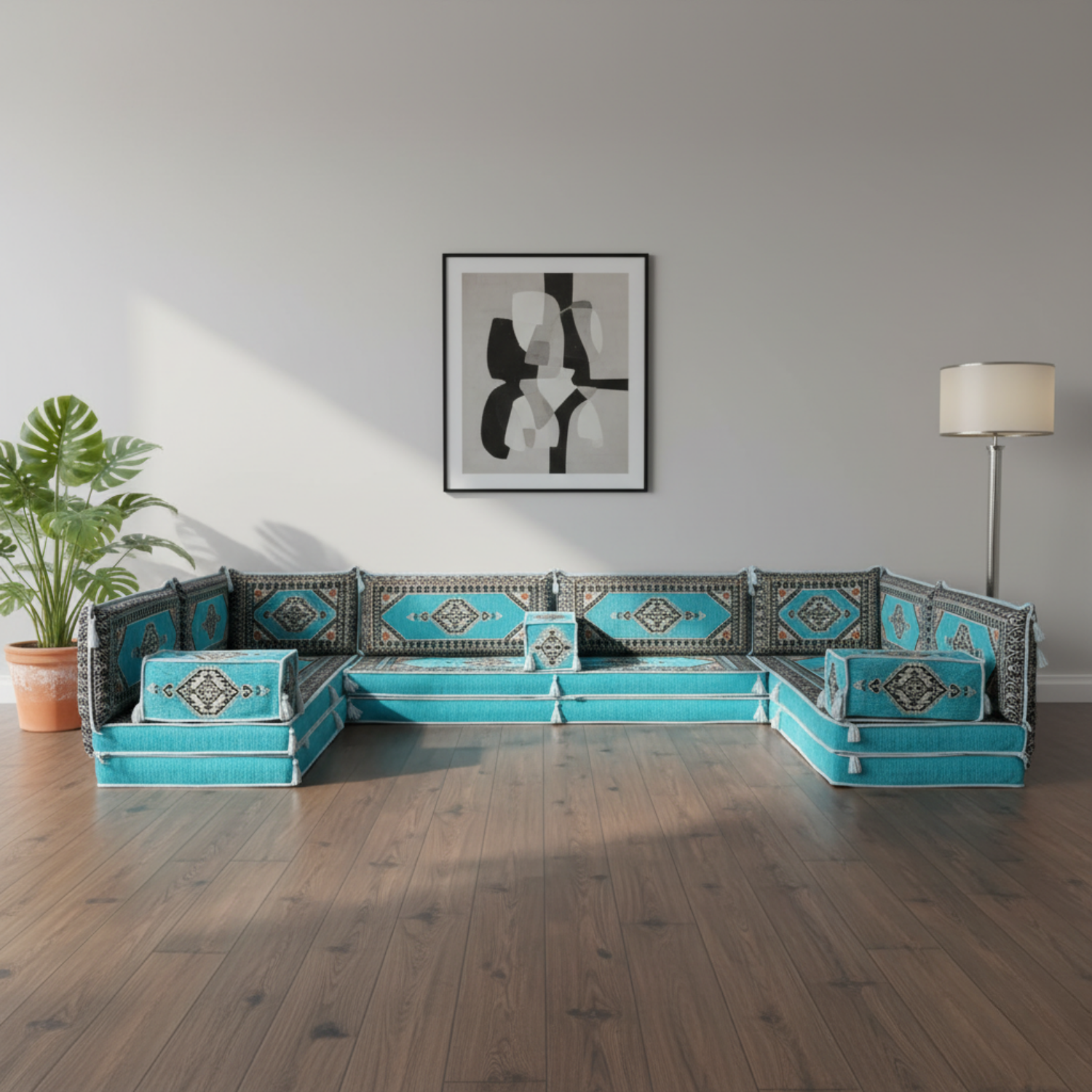 Arabic Floor Sofa Set – Turquoise U Shaped Majlis Sectional with 8 Inch Cushions