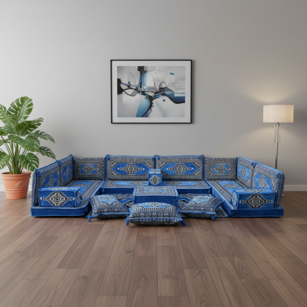 Arabic Floor Sofa Set – Blue U Shaped Majlis Sectional with 4 Inch Cushions