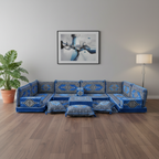 Arabic Floor Sofa Set – Blue U Shaped Majlis Sectional with 4 Inch Cushions