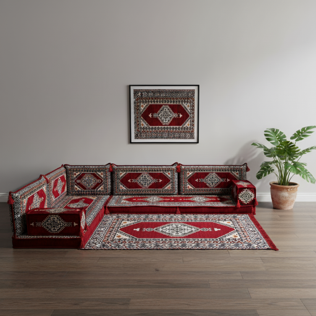 Arabic Floor Sofa Set – Red L Shaped Majlis Sectional with 4 Inch Cushions