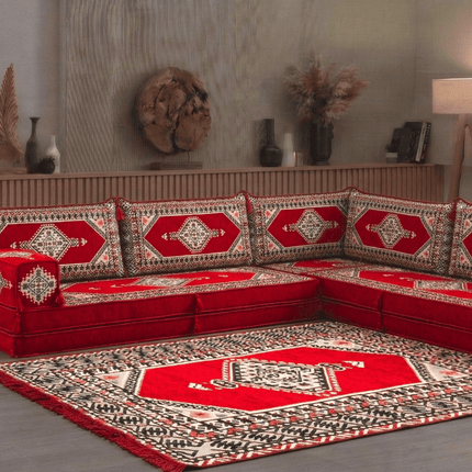 Arabic Floor Sofa Set – Red L Shaped Majlis Sectional with 8 Inch Cushions