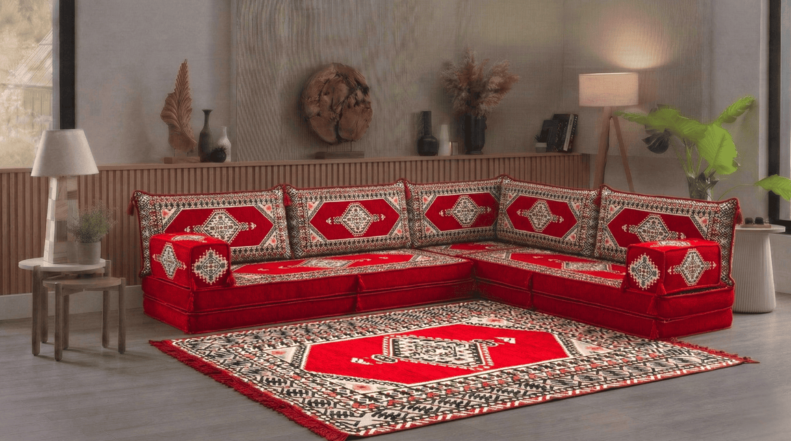 Arabic Floor Sofa Set – Red L Shaped Majlis Sectional with 8 Inch Cushions