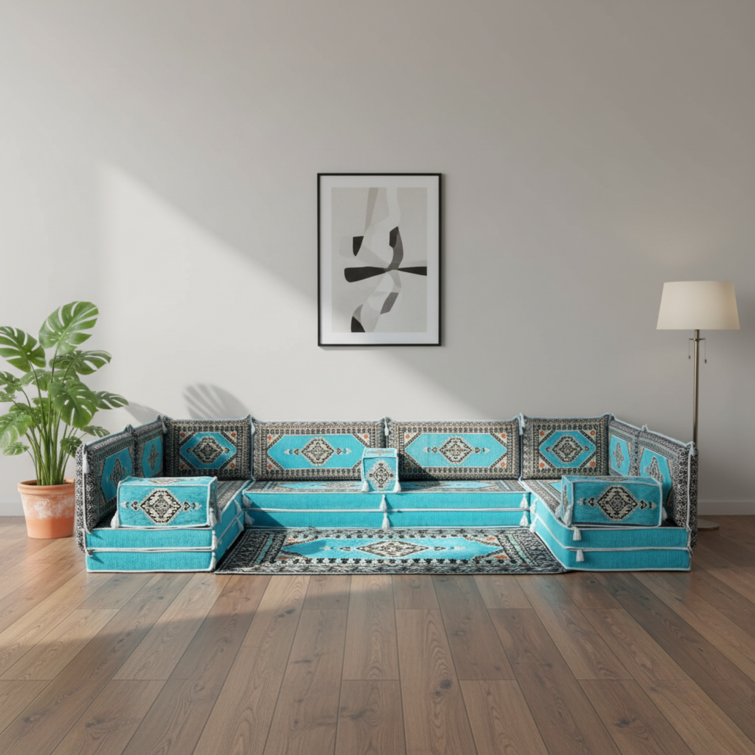 Arabic Floor Sofa Set – Turquoise U Shaped Majlis Sectional with 8 Inch Cushions
