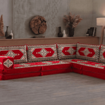Arabic Floor Sofa Set – Red L Shaped Majlis Sectional with 8 Inch Cushions
