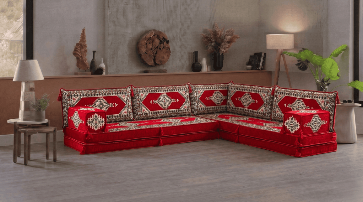Arabic Floor Sofa Set – Red L Shaped Majlis Sectional with 8 Inch Cushions