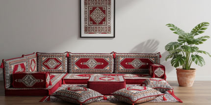 Arabic Floor Sofa Set – Red L Shaped Majlis Sectional with 4 Inch Cushions