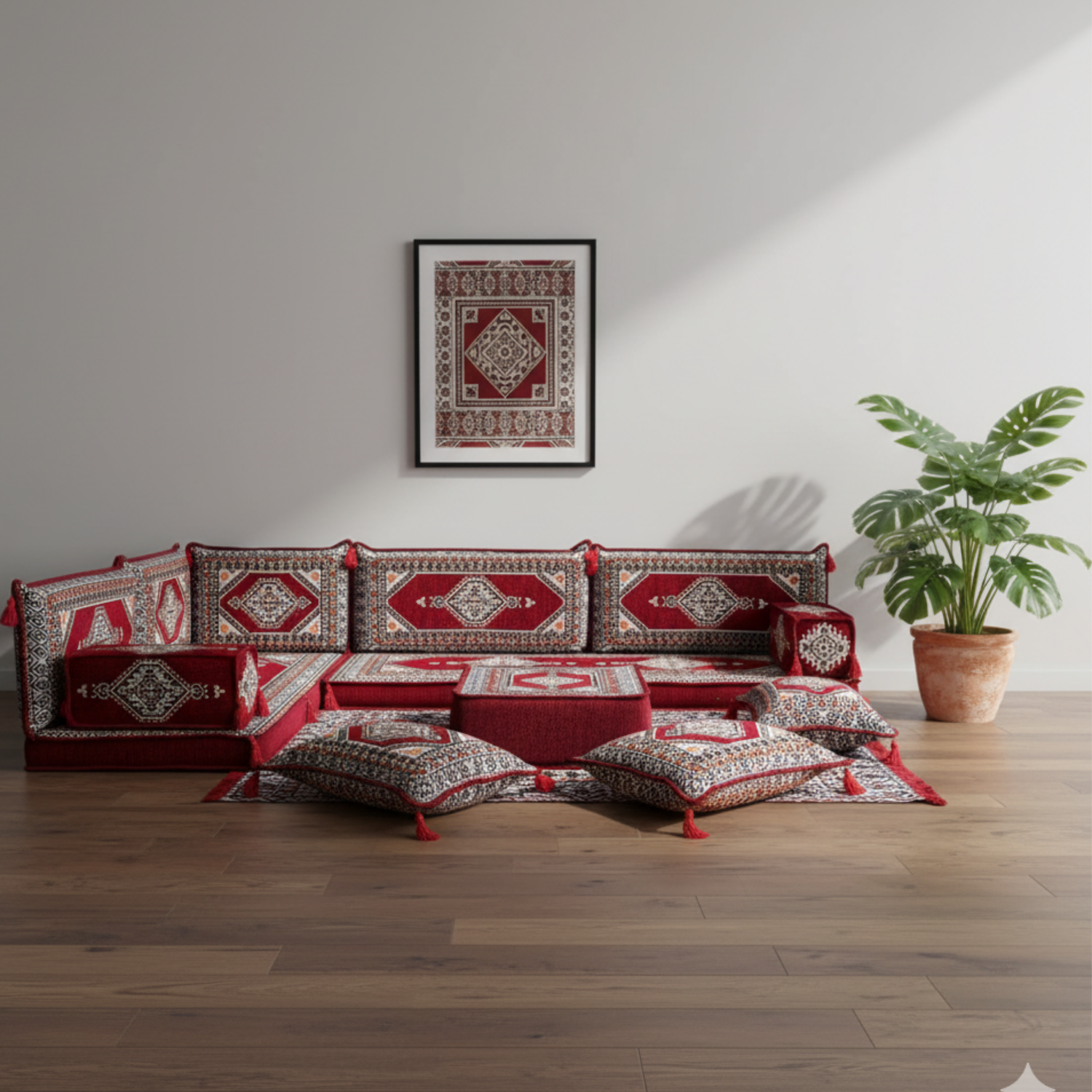 Arabic Floor Sofa Set – Red L Shaped Majlis Sectional with 4 Inch Cushions