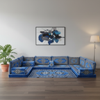 Arabic Floor Sofa Set – Blue U Shaped Majlis Sectional with 4 Inch Cushions