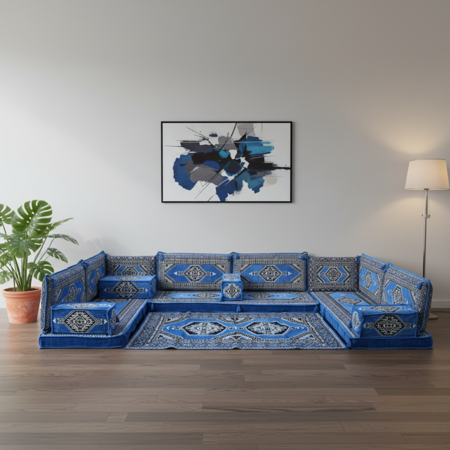 Arabic Floor Sofa Set – Blue U Shaped Majlis Sectional with 4 Inch Cushions