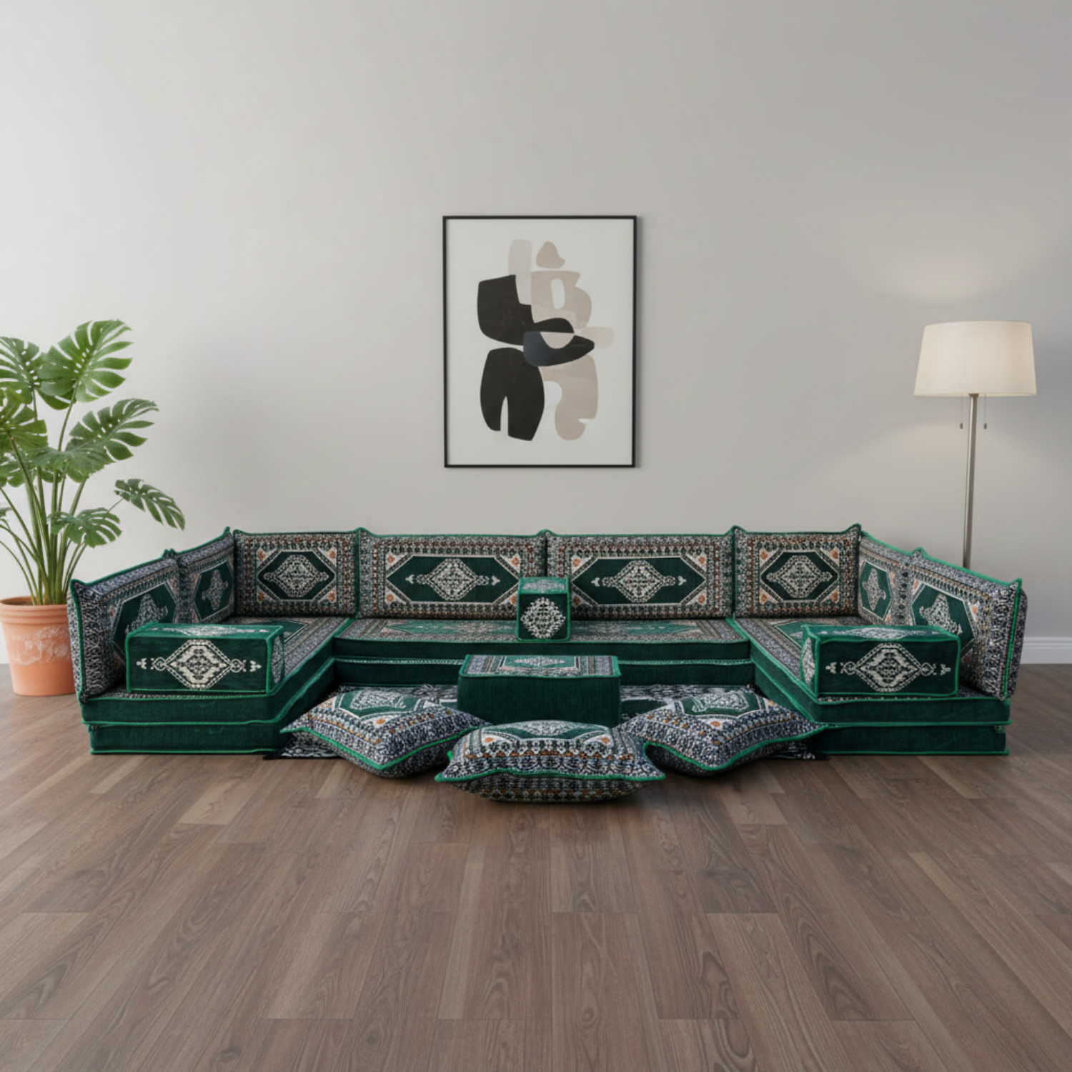 Arabic Floor Sofa Set – Green U Shaped Majlis Sectional with 8 Inch Cushions