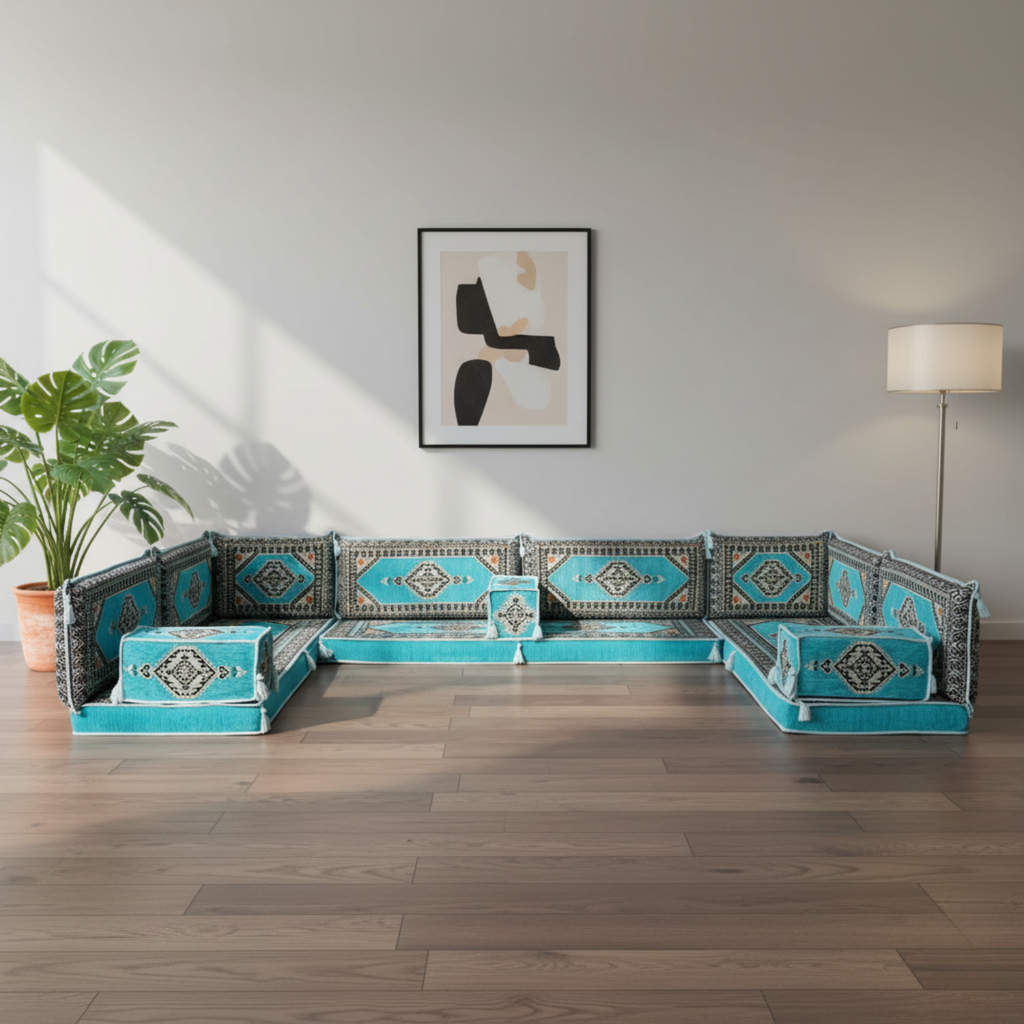 Arabic Floor Sofa Set – Turquoise U Shaped Majlis Sectional with 4 Inch Cushions