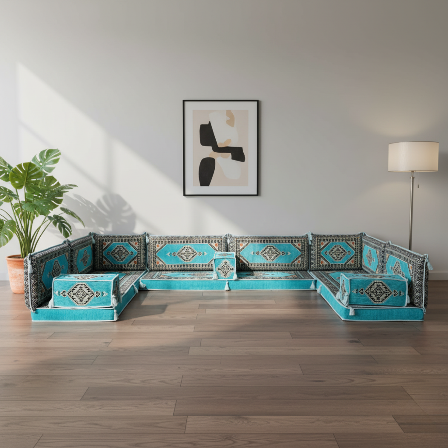Arabic Floor Sofa Set – Turquoise U Shaped Majlis Sectional with 4 Inch Cushions